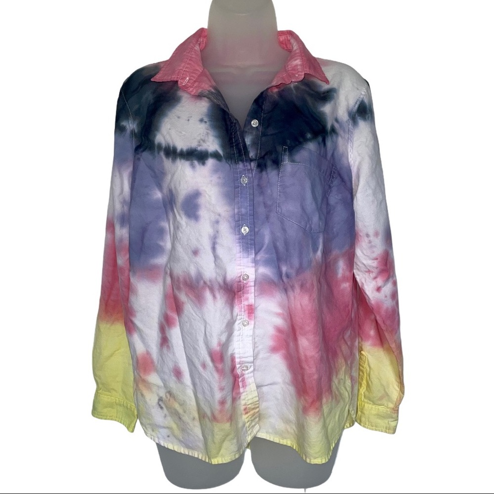 Tie Dye Button Down Blouse Stripe Summer